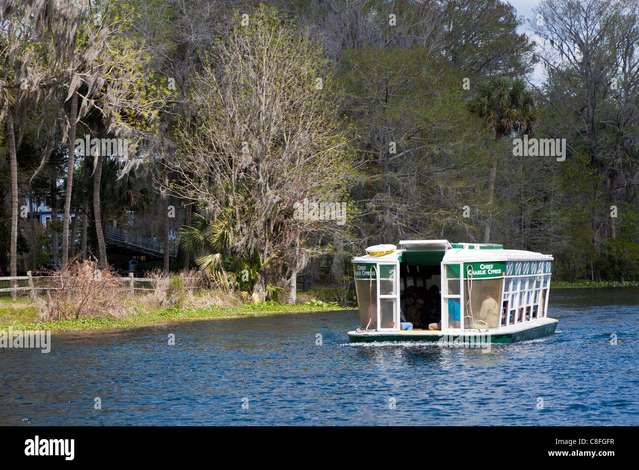 Park guests take glass bottom boat tour of the Silver River at Silver
