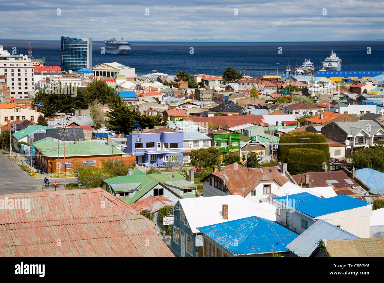 View of Punta Arenas city from La Cruz Hill, Magallanes Province, Patagonia, Chile Stock Photo