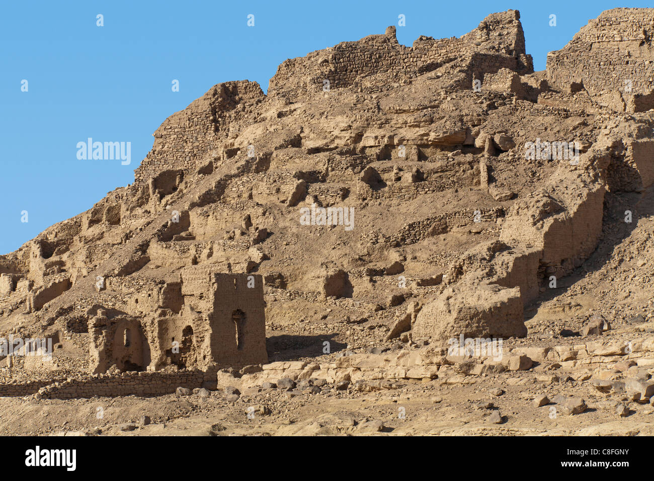 View of  archaeological site at Nag el Sheib, south of Edfu as seen from River Nile, Egypt Stock Photo