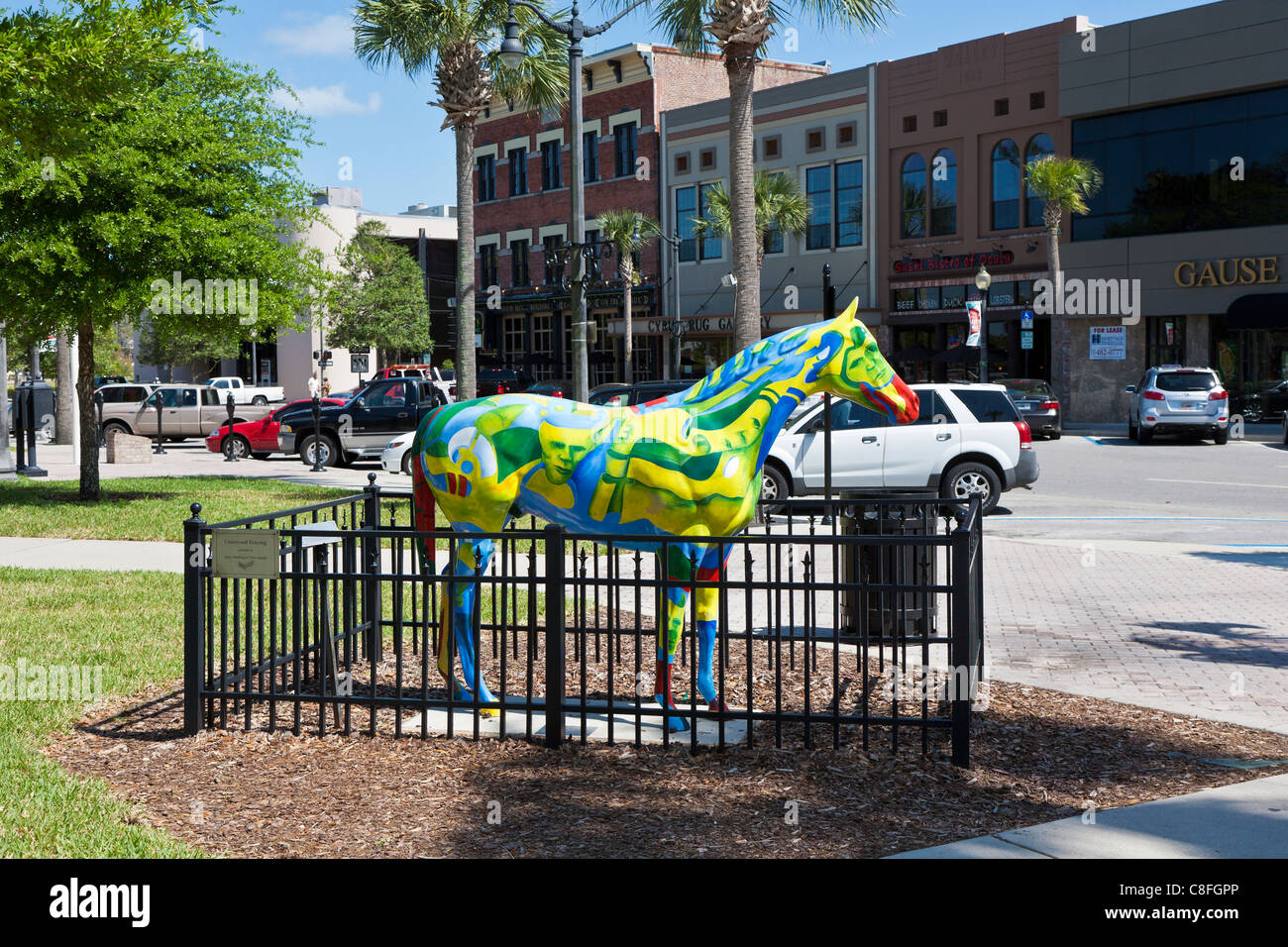 Horse Fever art project statue at the downtown square in Ocala, Florida Stock Photo