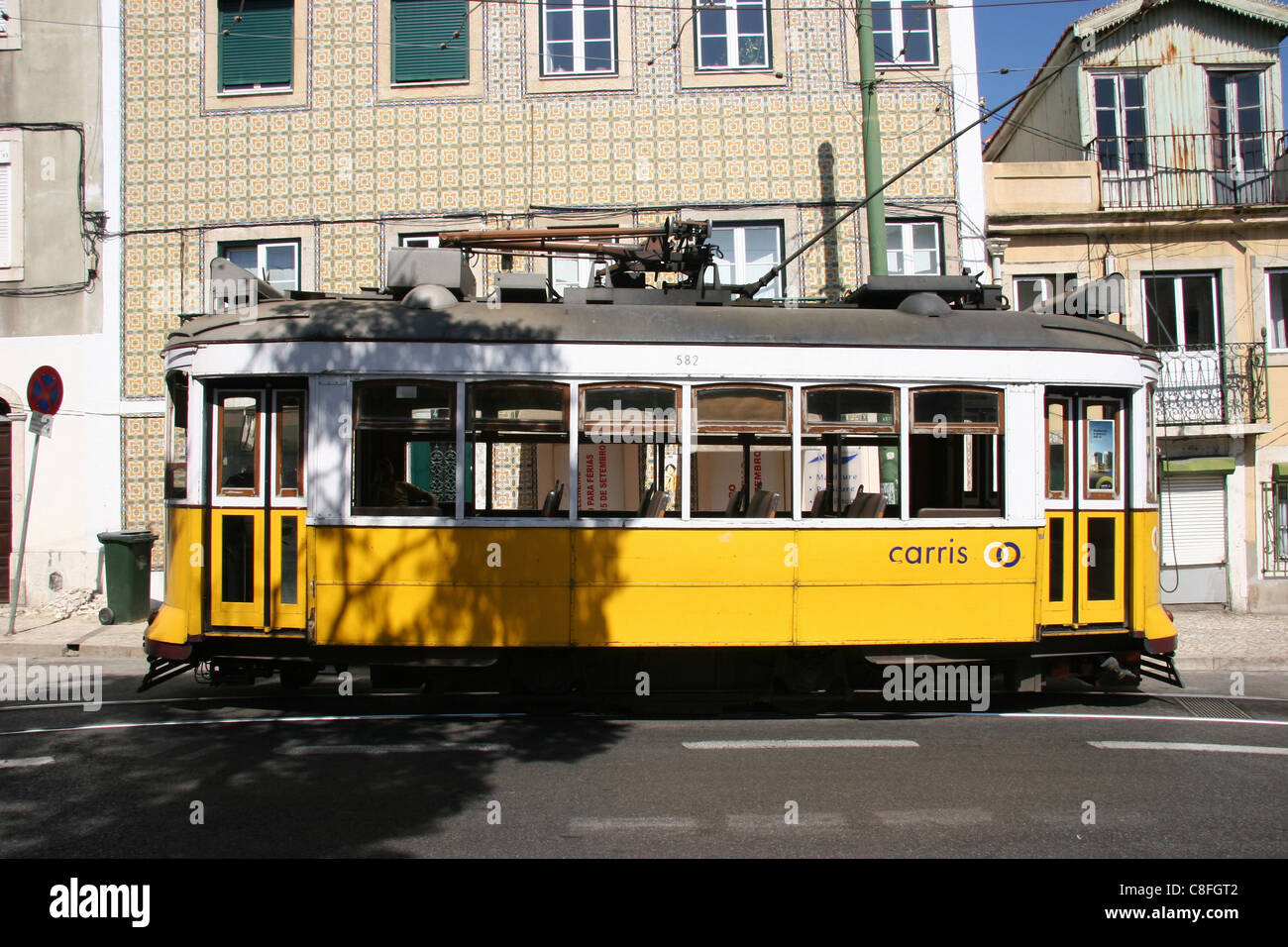 Portugal, Europe, Lisbon, tram, streetcar, yellow, traffic, Stock Photo