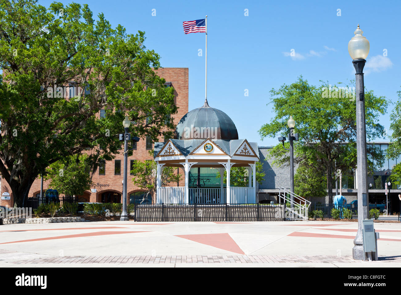 Gazebo with American flag on the downtown square in Ocala Florida Stock Photo