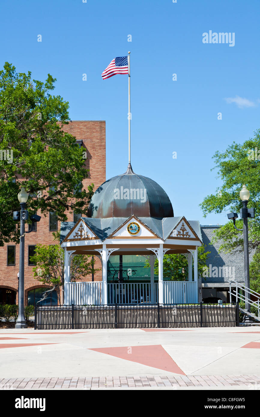 Gazebo with American flag on the downtown square in Ocala Florida Stock