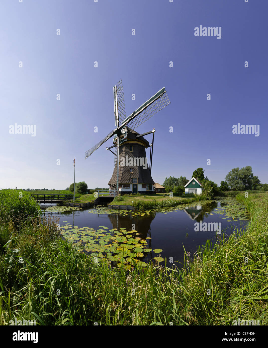 Netherlands, Europe, Holland, Nieuwe Wetering, Moppemolen, windmill, field, meadow, water, summer, Stock Photo