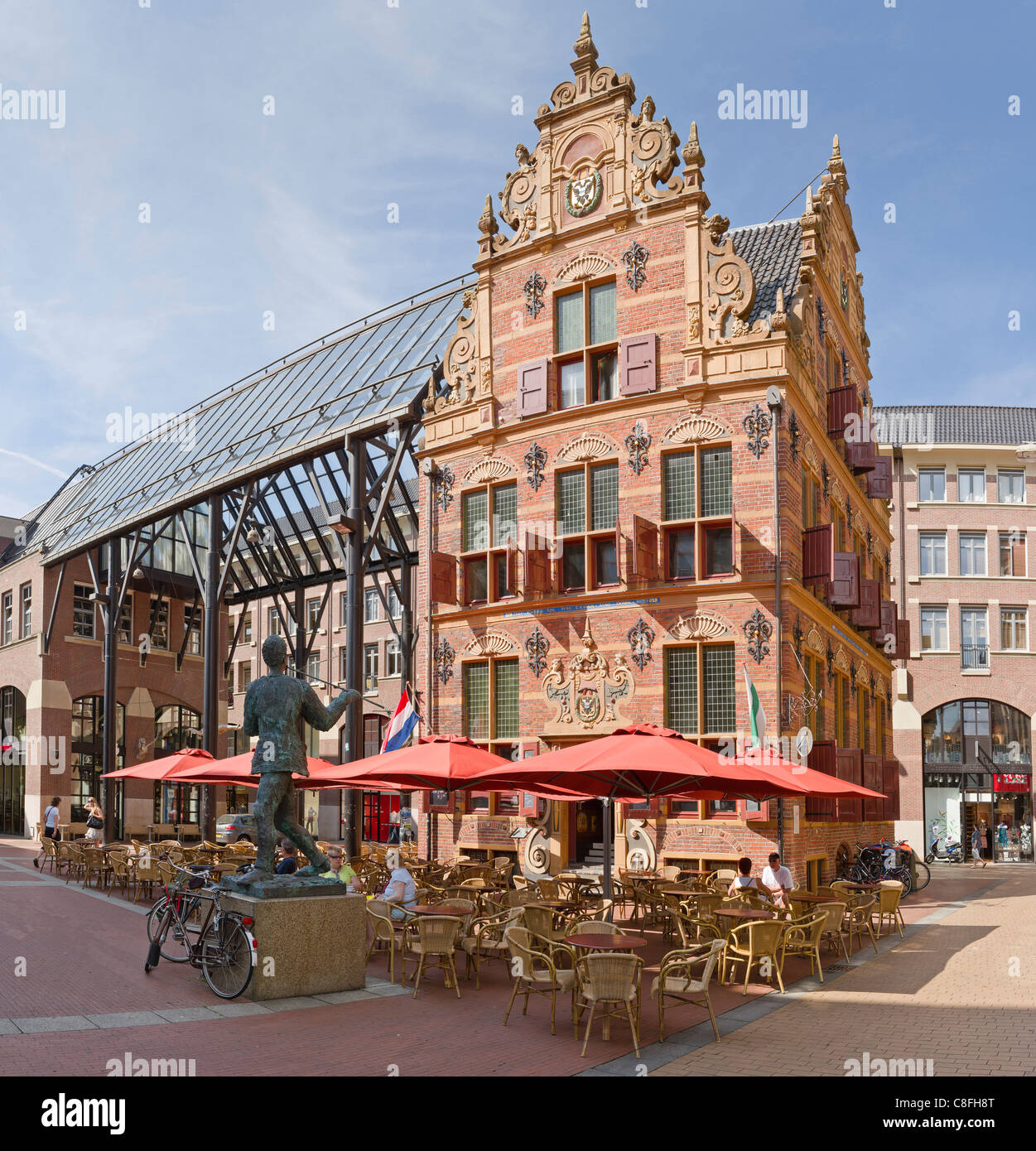 Netherlands, Europe, Holland, Groningen, formerly Gold exchange, city, village, summer, people, outdoor cafe, Stock Photo