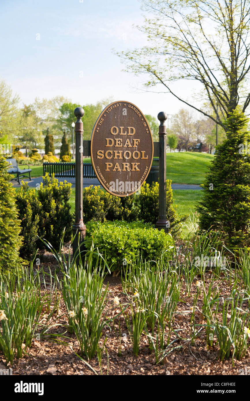 Sign at entrance to the Old Deaf School Topiary Park in Columbus, Ohio. Stock Photo
