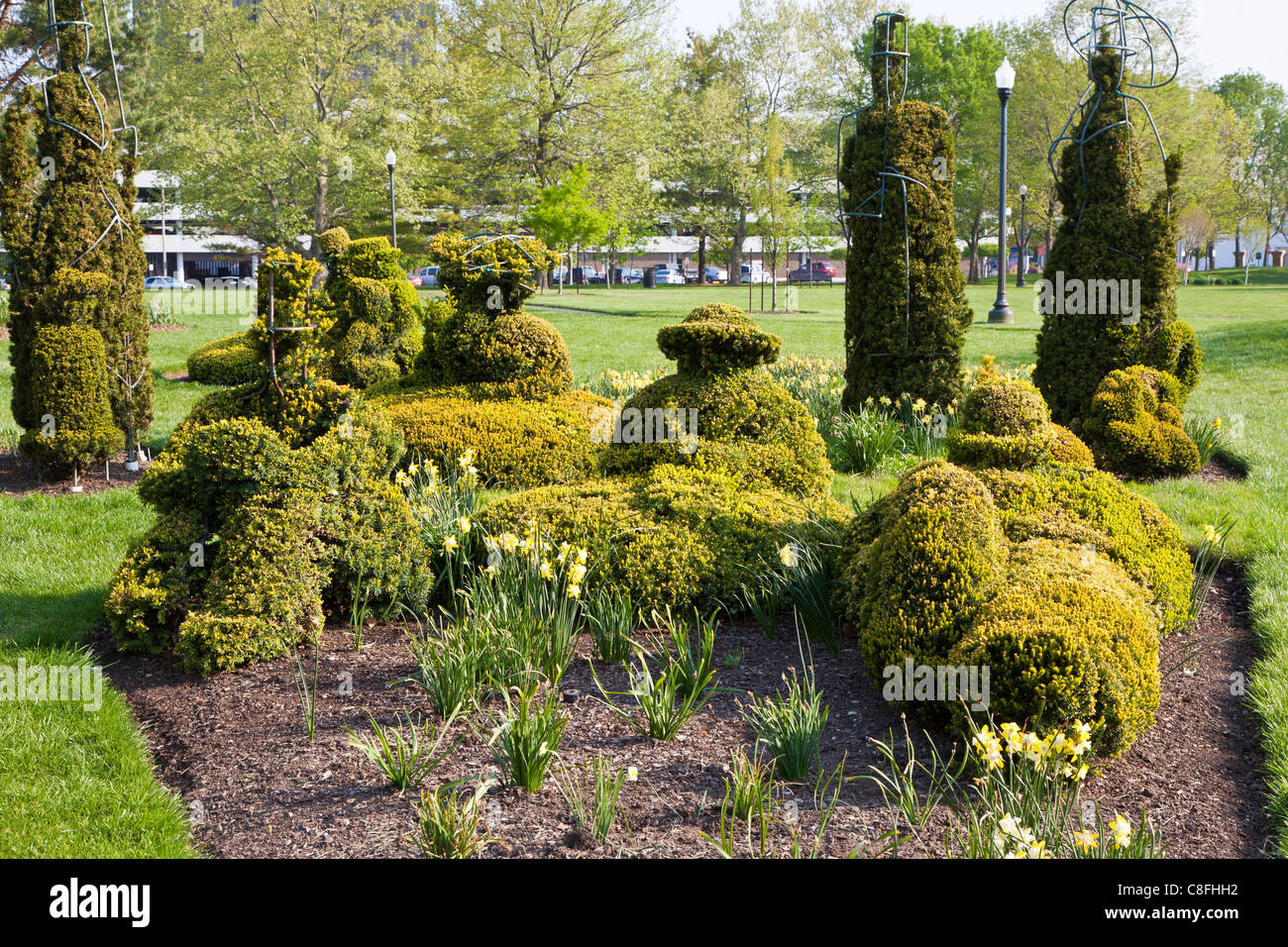 Topiaries in the Old Deaf School Topiary Park in Columbus, Ohio. Stock Photo