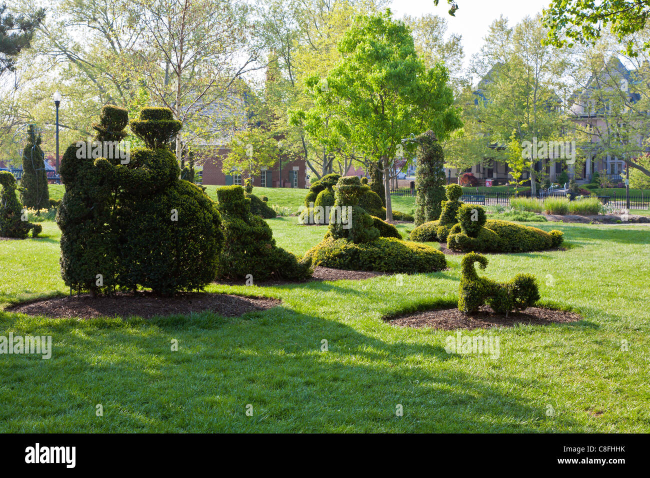 Topiaries in the Old Deaf School Topiary Park in Columbus, Ohio. Stock Photo