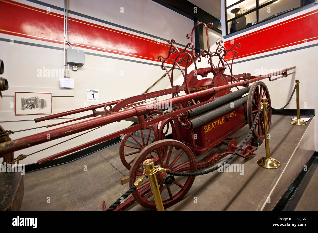 1834 Hunneman hand pumper (the 'Sacramento') Last Resort Fire department Museum. Seattle. USA Stock Photo