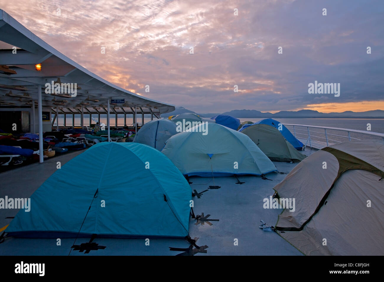 Tents on the deck of the Columbia ferry. Alaska Inside Passage. USA Stock Photo