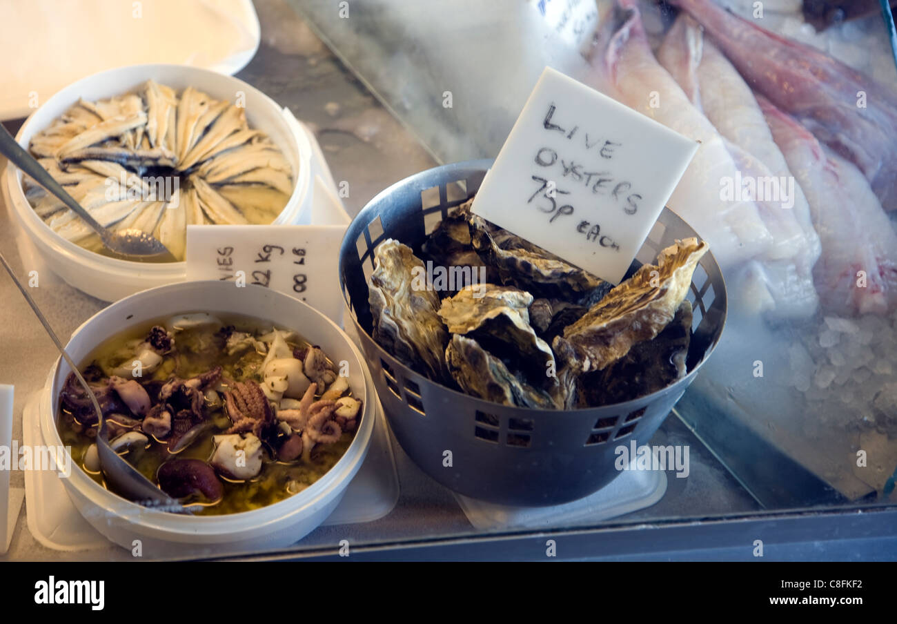 Fresh shellfish and live oysters in fishmonger shop display, Scarborough, Yorkshire, England Stock Photo