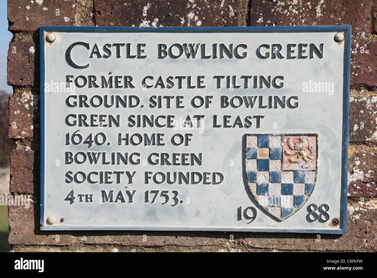 Historical sign showing the history of the Castle bowling green, Lewes Castle,   Lewes, East Sussex, UK. Stock Photo