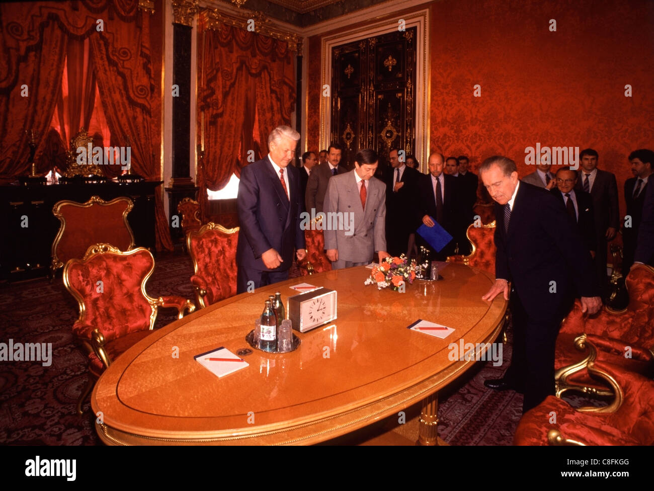 Former U.S. President Richard Nixon (Right) takes a seat with Russian President Boris Yeltsin inside the Kremlin in Moscow. Stock Photo