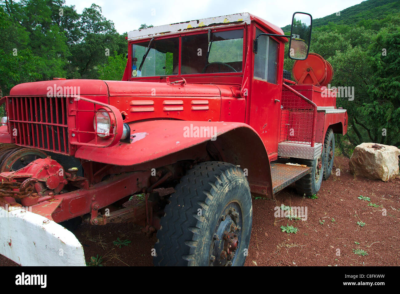 Old fire Truck in the Hills in south of France Stock Photo