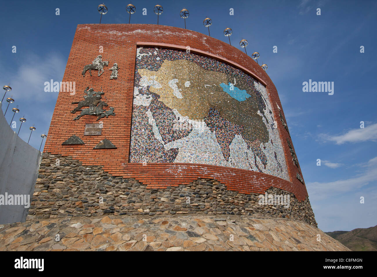 Tribute to the ancient Mongolian empire of Genghis Khan showing a map of the ancient empire. Stock Photo