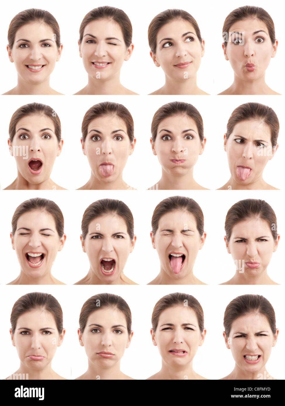 Multiple close-up portraits of the same woman expressing different emotions and expressions Stock Photo