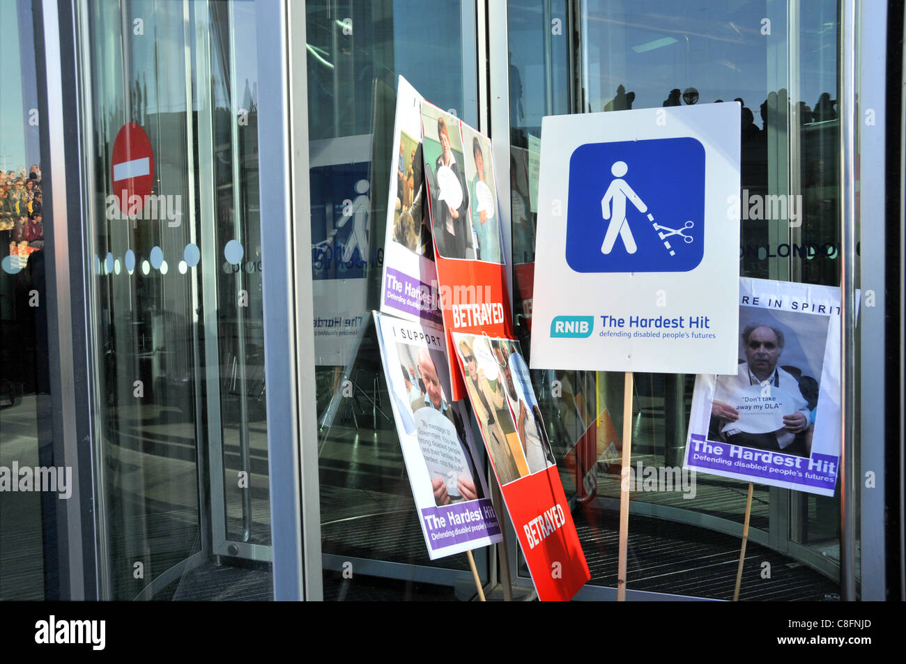 Welfare Reform Bill protest Placards at The Hardest Hit protest against benefit cuts for disabled people. Stock Photo