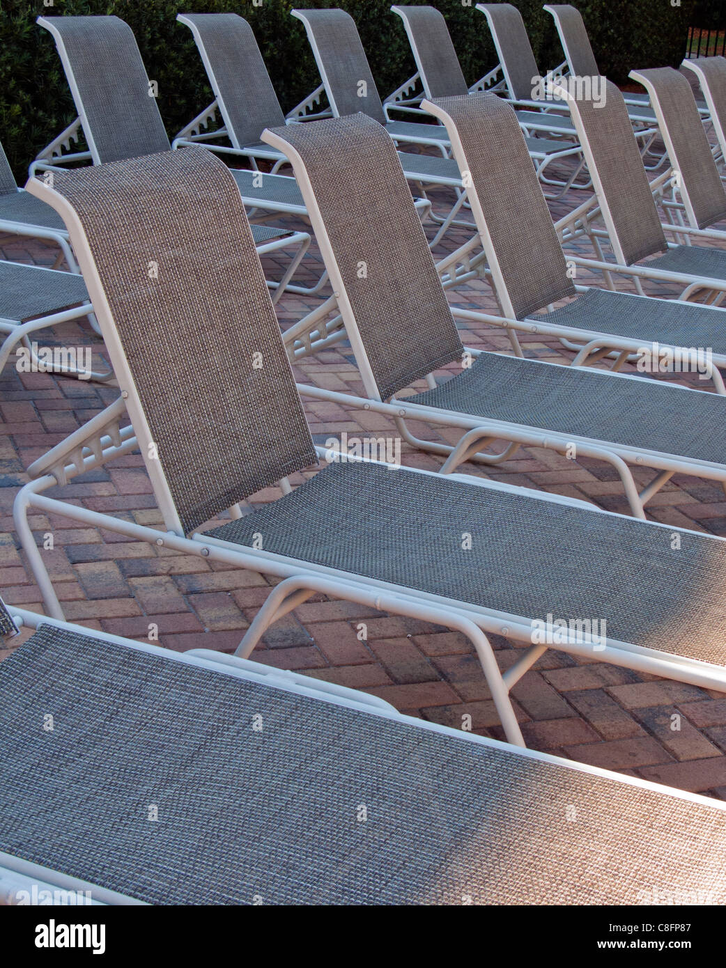 SHALLOW FOCUS IMAGE OF EMPTY SUNBEDS Stock Photo