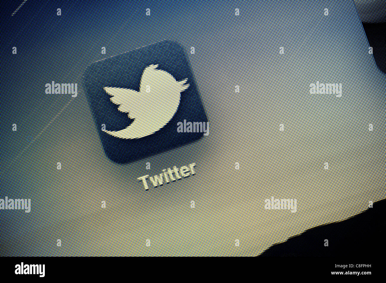 Macro shot of Twitter logo on the screen of Apple Ipad2. Twitter is one of the most used social networks to exchange short messa Stock Photo