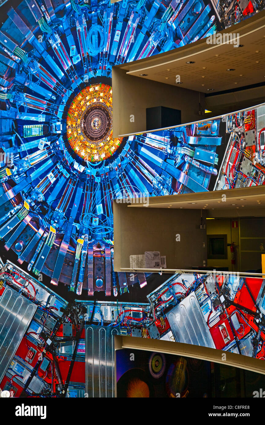 Full size image of a particle detector mounted on an office building at CERN Stock Photo