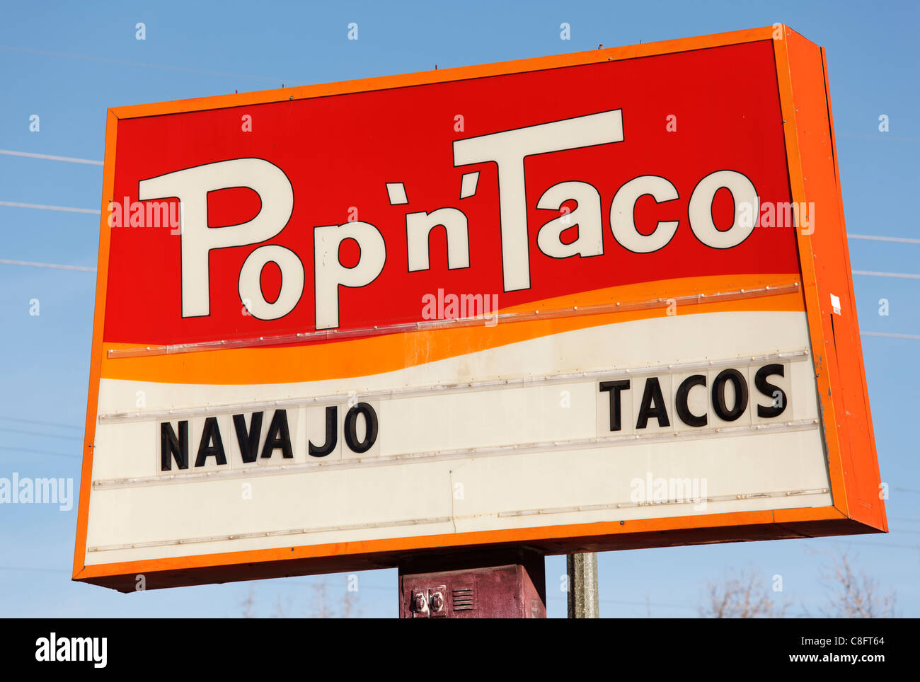 Pop 'n' Taco Navajo Tacos sign - Albuquerque, New Mexico. Stock Photo