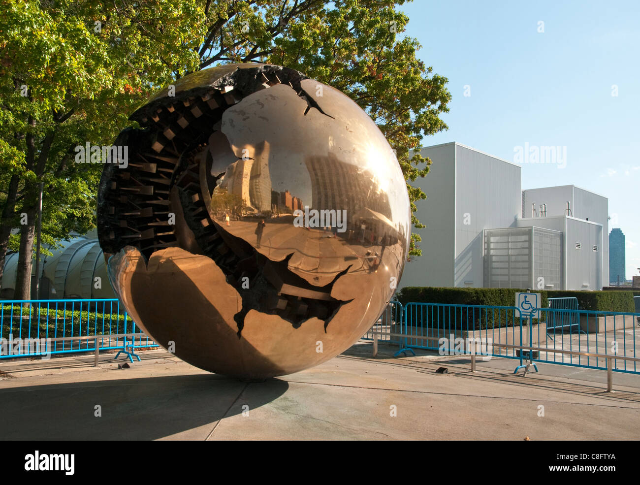 Arnaldo Pomodoro's 'Sphere within a Sphere' at the United Nations Headquarters in New York City. The sculpture was a gift of the Stock Photo