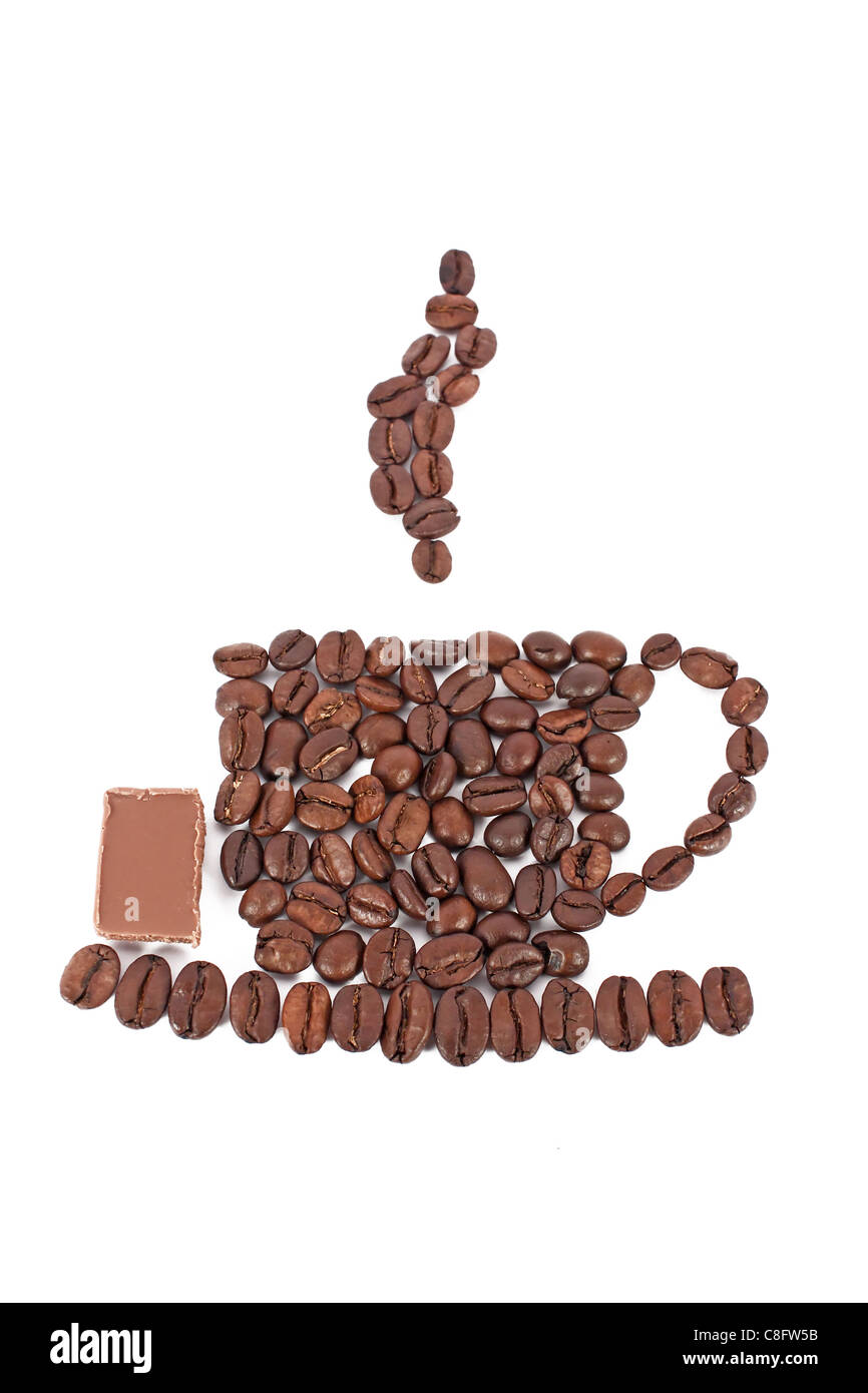 Cup of coffee made of coffee beans with piece of chocolate, isolated on