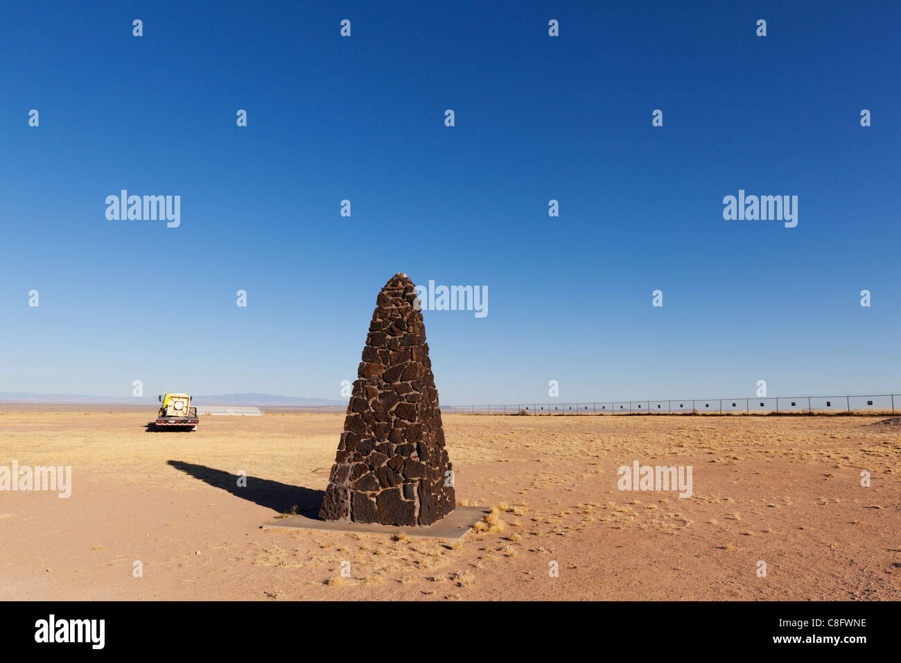 An obelisk in remote New Mexico marks the site of the world's first atomic bomb test in 1945 - called Trinity Site. Stock Photo