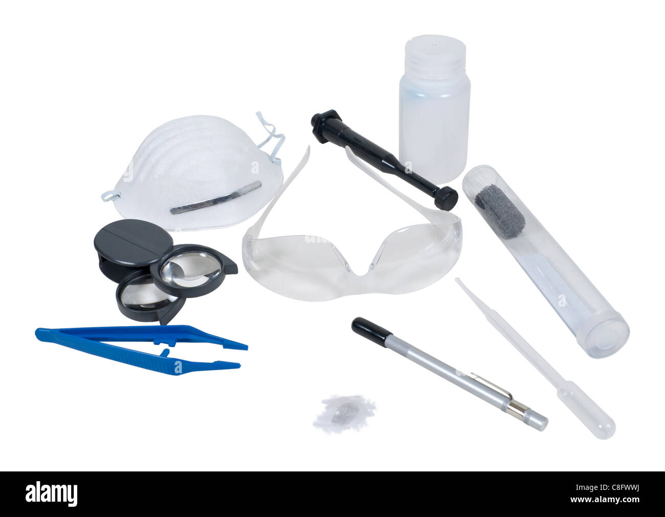 Evidence retrieval kit with a variety of containers and tools - path included Stock Photo