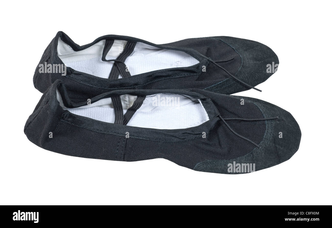 Side view of black ballet slippers that are worn while dancing ballet