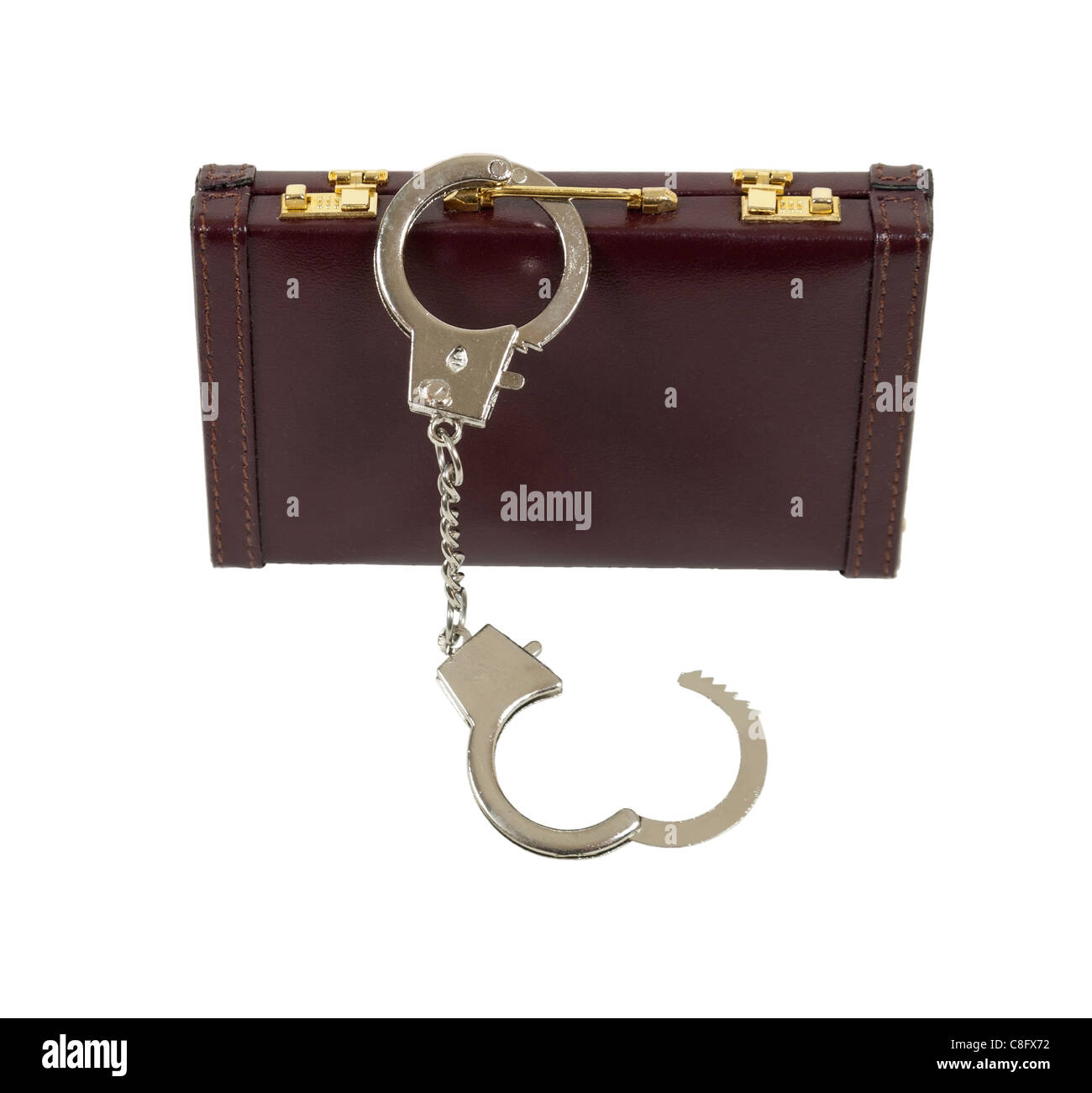 Top secret shown by a briefcase with handcuffs attached for transportation security - path included Stock Photo