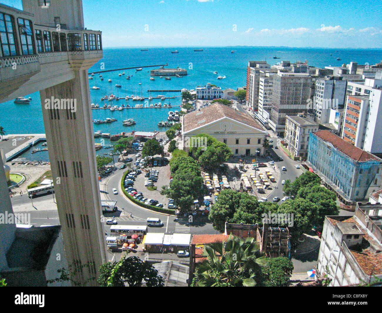 View from Old Town of Lacarda Elevator, Mercado Modelo buildings and ferry terminal. Salvador, Bahia, Brazil Stock Photo