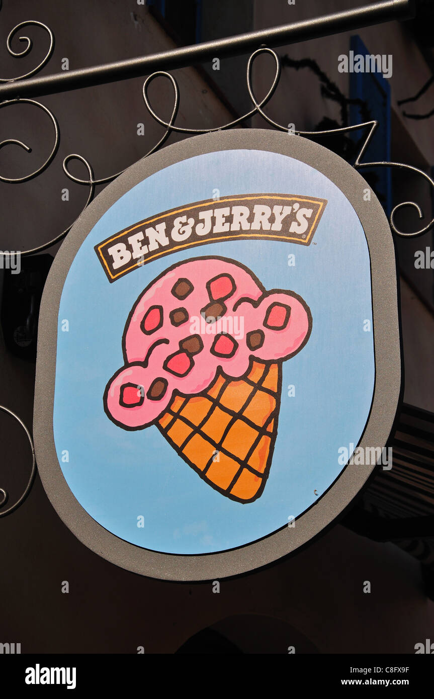 Ben & Jerry's ice-cream sign, PortAventura Theme Park, Salou, Costa Daurada, Province of Tarragona, Catalonia, Spain Stock Photo