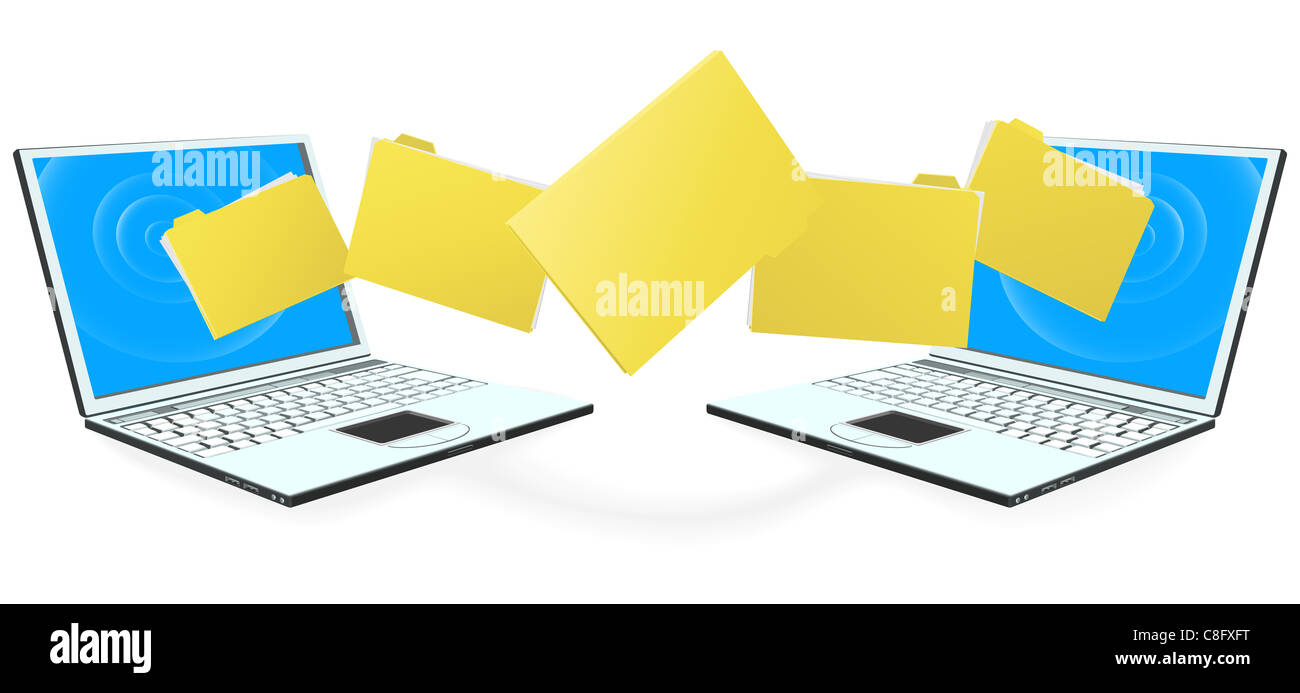 Two laptop computers with file, folder or documents transferring between each other Stock Photo