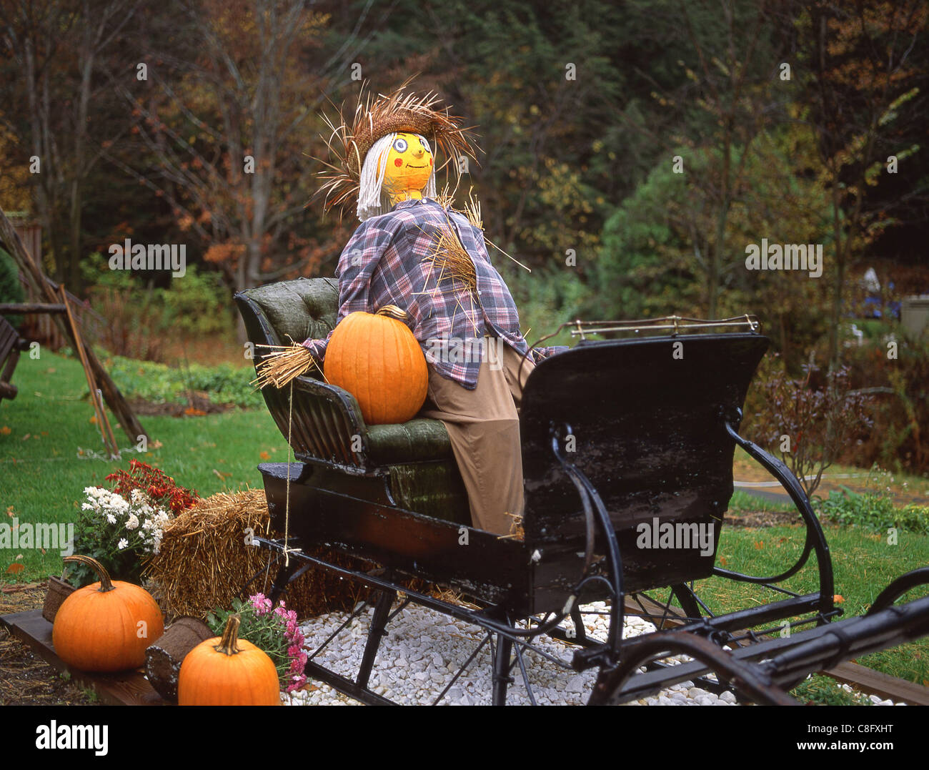 Roadside Halloween display with pumpkins and scarecrow, Connecticut, United States of America Stock Photo