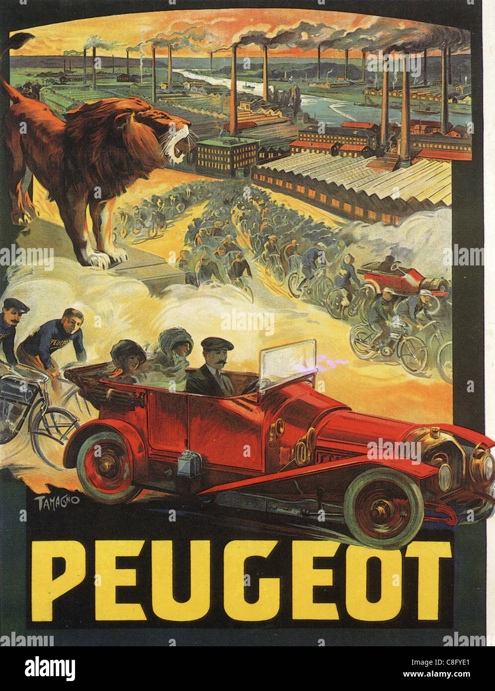 PEUGEOT  FACTORY with Peugeot cars, bicycles and lion symbol on a poster about  1910 Stock Photo