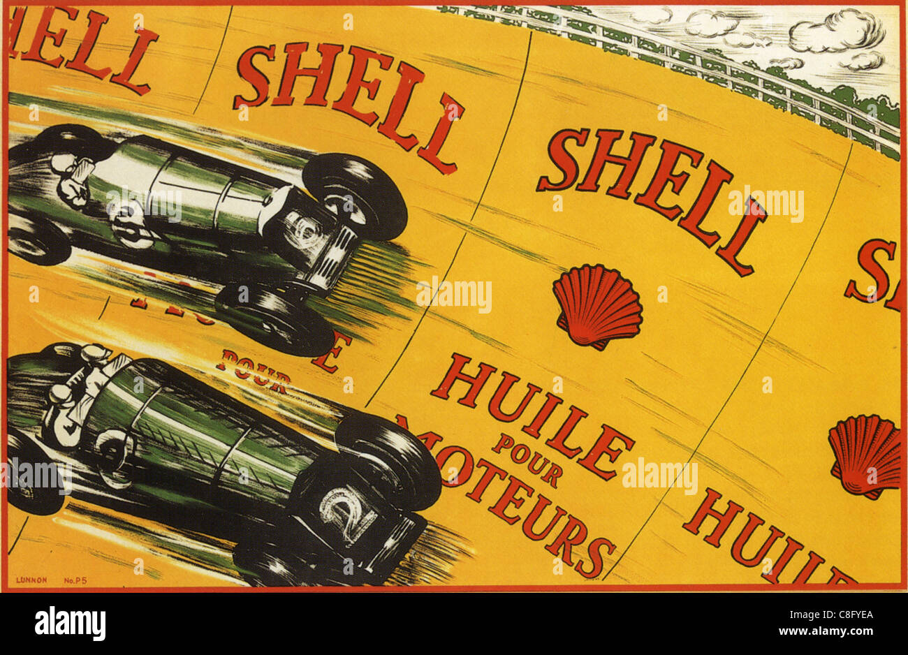 FRENCH SHELL OIL ADVERT about 1925 - note the driver and co-driver in bottom car Stock Photo