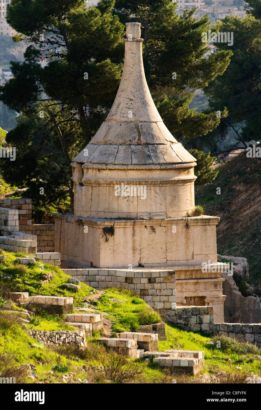 View of the tomb of Absalom, also called Absalom's Pillar, which is an ancient monumental rock-cut tomb with a conical roof dating to the 1st century AD located in the Kidron Valley or Wadi an-Nar in Jerusalem, Israel Stock Photo