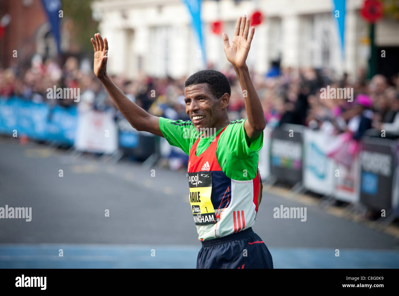 Ethiopian runner Haile Gebrselassie wins  the Bupa Great Birmingham Run, Birmingham, West Midlands, UK. The Half Marathon was run around the streets of Birmingham. Stock Photo