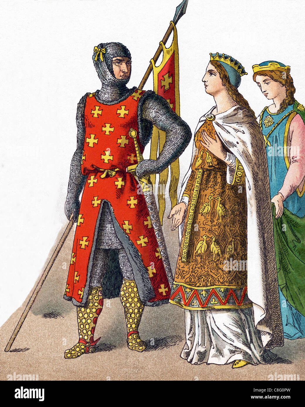 The figures shown here represent Germans around A.D. 1100. They are from left to right: a warrior and two princesses. Stock Photo