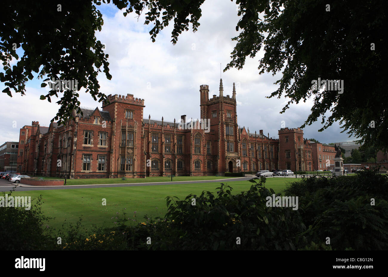 Queens University is pictured though the trees in Belfast, Northern Ireland Stock Photo