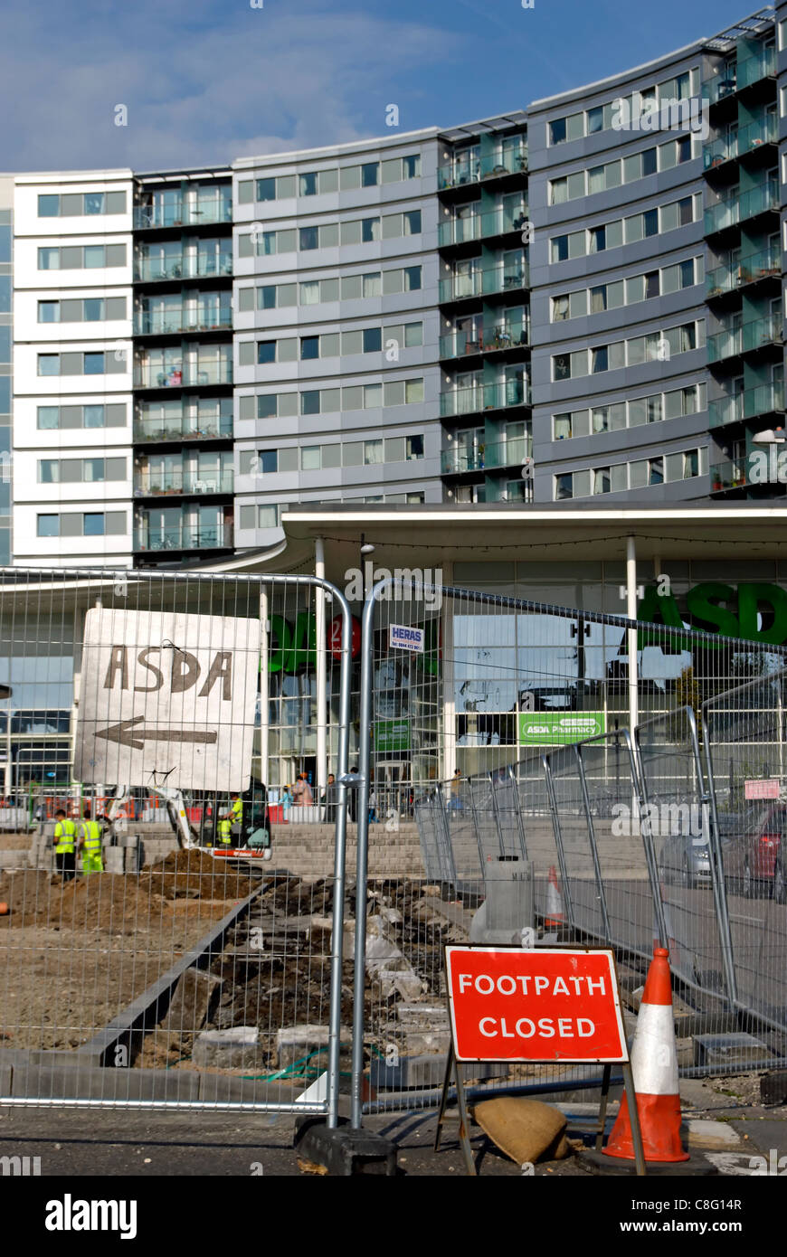 roadworks with footpath closed sign and handwritten sign for asda ...