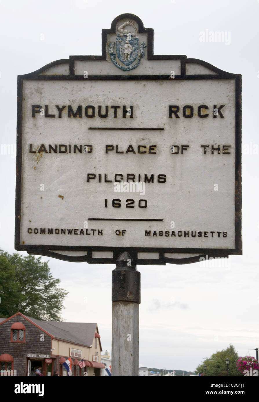 plymouth massachusetts sign of the landing of the pilgrim fathers Stock Photo