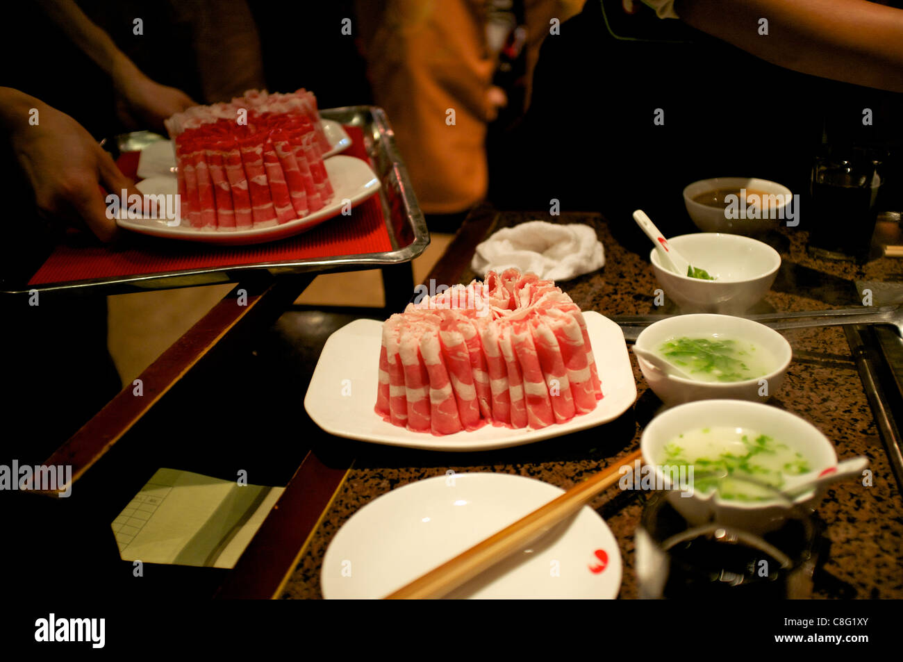 Beef and mutton at Hai Di Lao hot pot restaurant in Beijing, China. 21-Oct-2011 Stock Photo