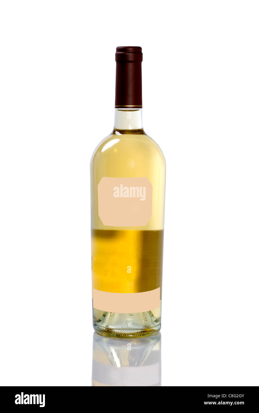 Unopened bottle of white wine with reflection on white background Stock