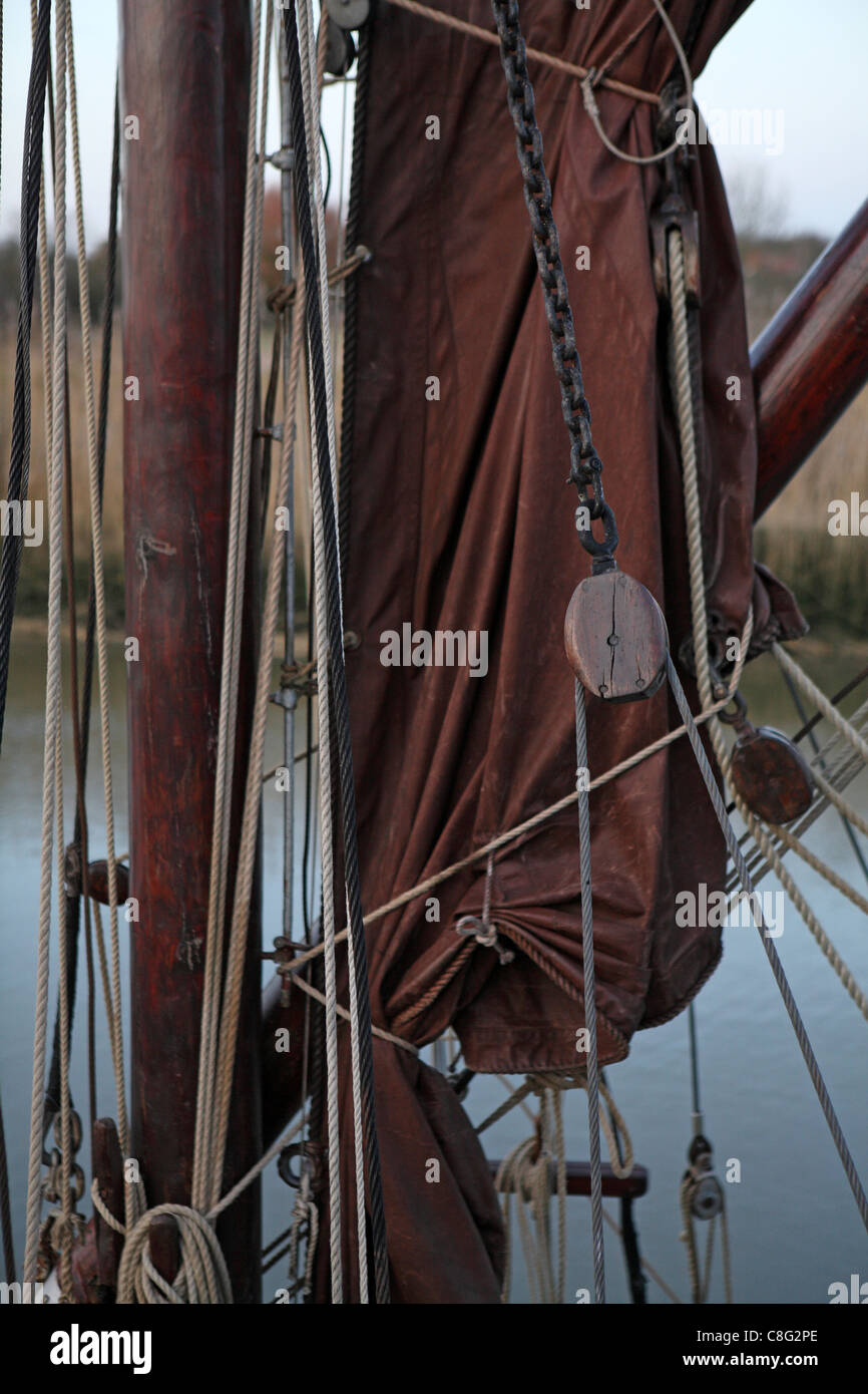 close-up of sails and rigging, on a historic sailing barge, Snape ...