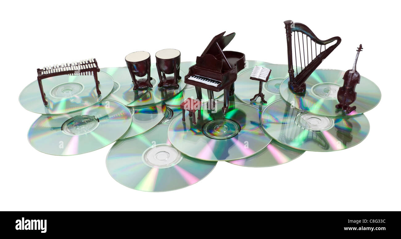 Music disks shown by a series of musical instruments on a several disks - path included Stock Photo