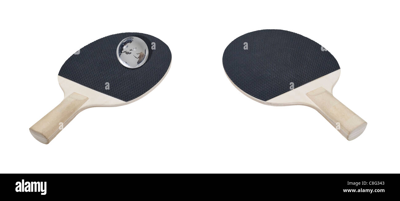 Table top ping pong paddles made of wood and rubber with a globe for a ball path included