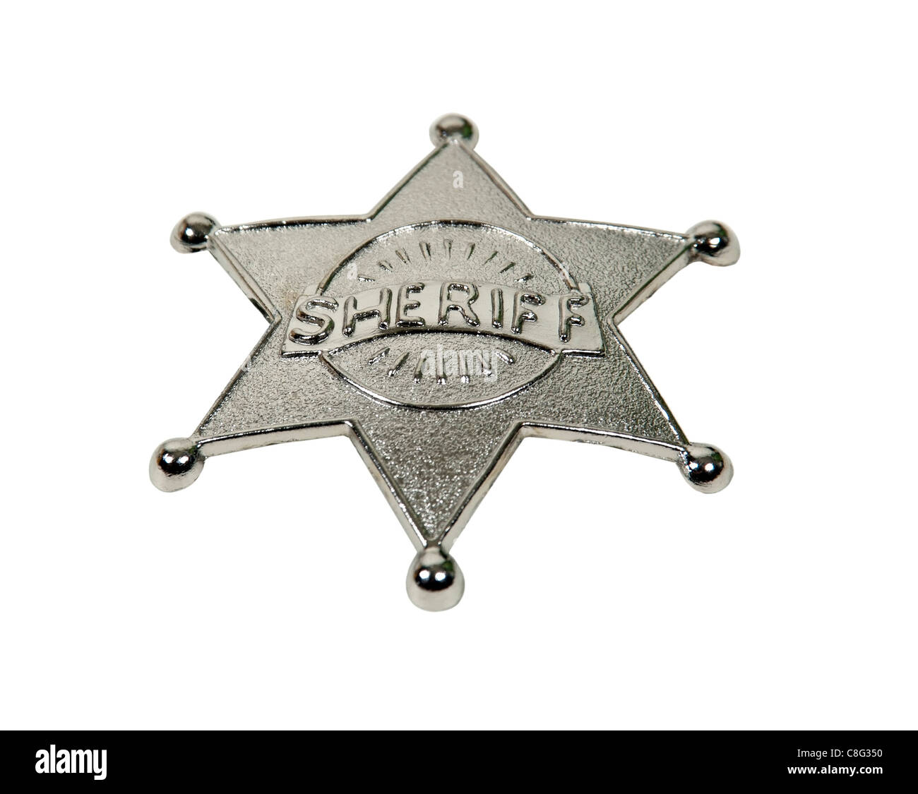 Silver five pointed star sheriff badge with raised lettering - path included Stock Photo