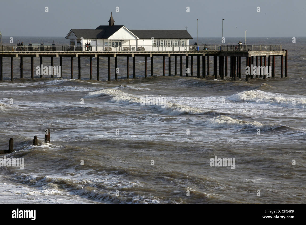 Stormy sea at Southwold Pier, Southwold, Suffolk, UK Stock Photo